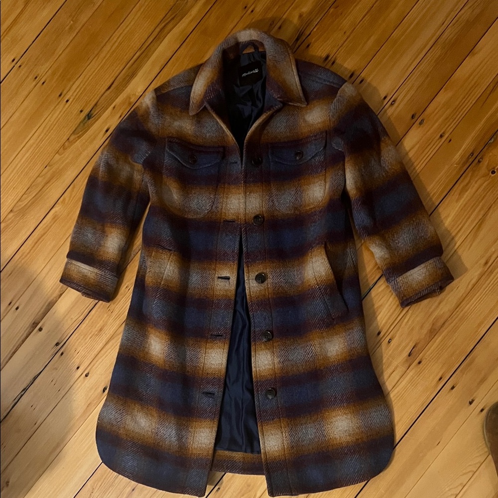 Madewell Blue and Brown Plaid Long Shirt Jacket